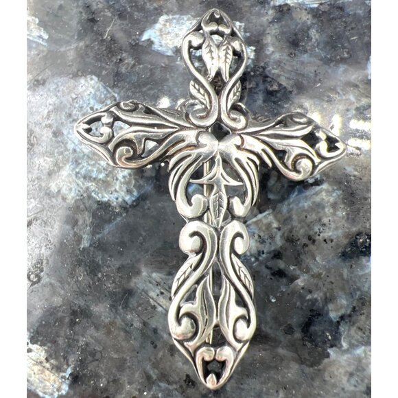 Vintage Jezlain JEZ Cross Brooch Pin Sterling Silver Oxidized Ornate Filigree - Picture 2 of 9